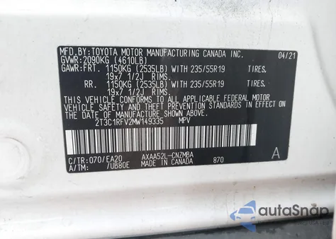 2021 Toyota Rav4 Xle Premium from USA, damaged, VIN 2T3C1RFV2MW149335